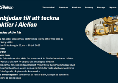 Alelion kampanjsida för företrädesemission