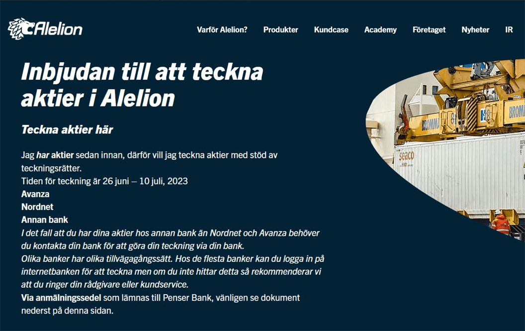 Alelion kampanjsida för företrädesemission